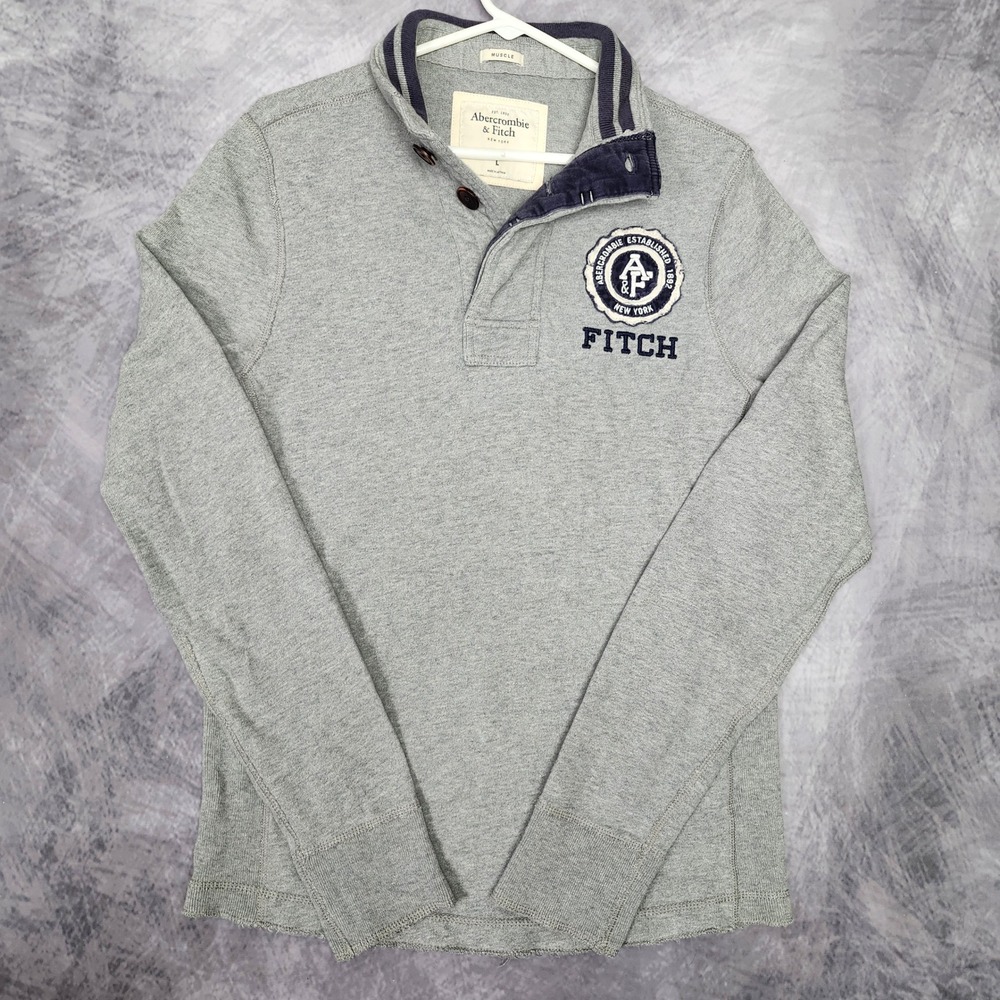 Y2K Abercrombie & Fitch Henley Rugby Heavy Shirt Mens Large Grey Frayed Muscle